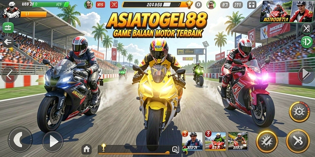 Gameplay seru ASIATOGEL88 dengan motor balap di lintasan menegangkan.