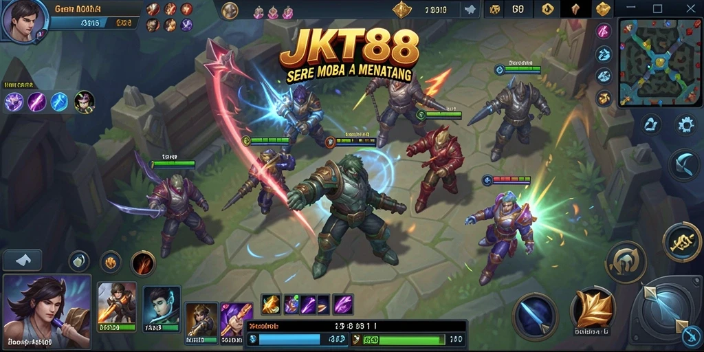 Screenshot JKT88 menampilkan pertarungan dinamis dalam arena MOBA.