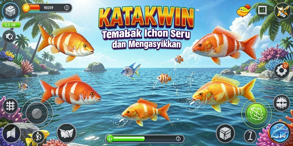 Tampilan menarik gameplay KATAKWIN dengan berbagai ikan berwarna-warni.