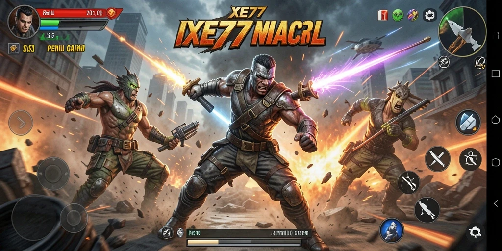 Screenshot menampilkan pertarungan epik dalam XE77 dengan aksi mendebarkan.